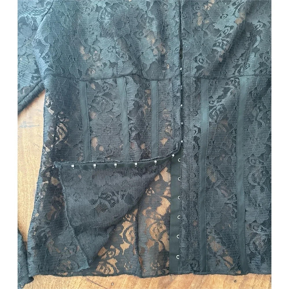 Vintage Rue Twenty One OPTIONS Sheer Black Lace Corset Eye Hook Blouse M Y2K 90s